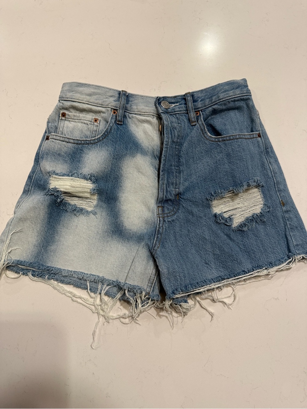 Zara Two-Tone Distressed High-Waist Denim Shorts - Light Blue & Blue